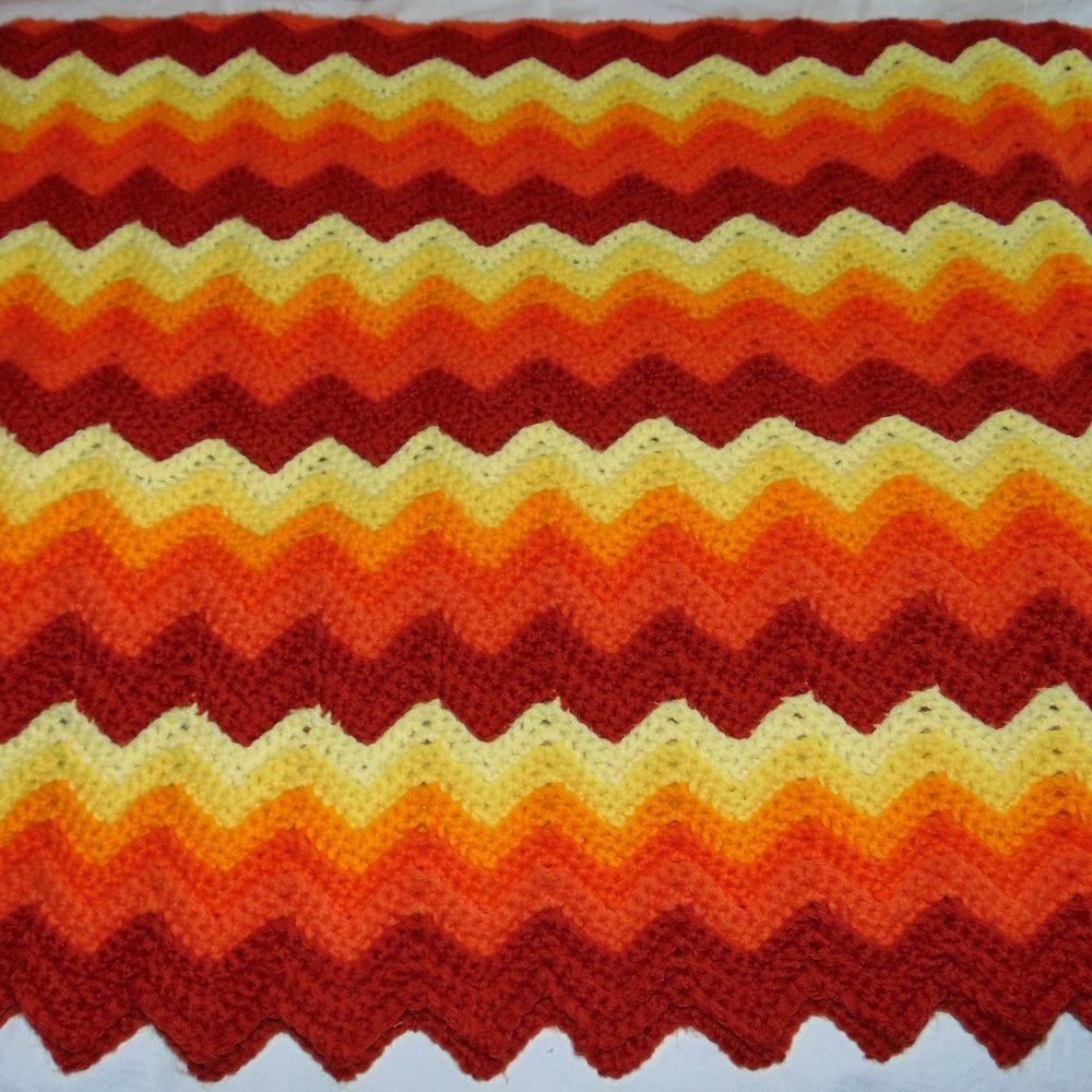 Vintage Crocheted Afghan, Ripple Chevron, Yellow/Orange/Rust, 45 x 84